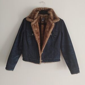 GAP Dark Blue Jean Jacket with Brown Faux Fur Trim